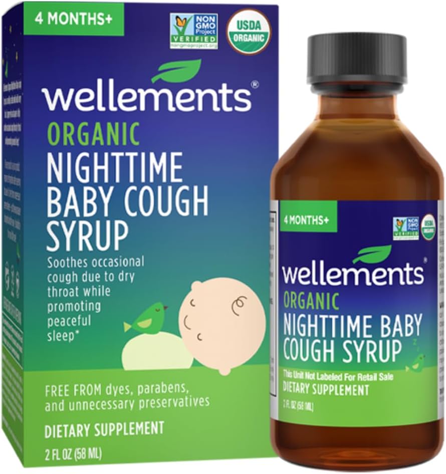 Wellements Organic Nighttime Baby Cough Syrup | Soothes Occasional Cough på grund av torr hals medan man främjar en fridfull nattsömn *, USDA Organic | 2 Fl Oz, 4 månader +