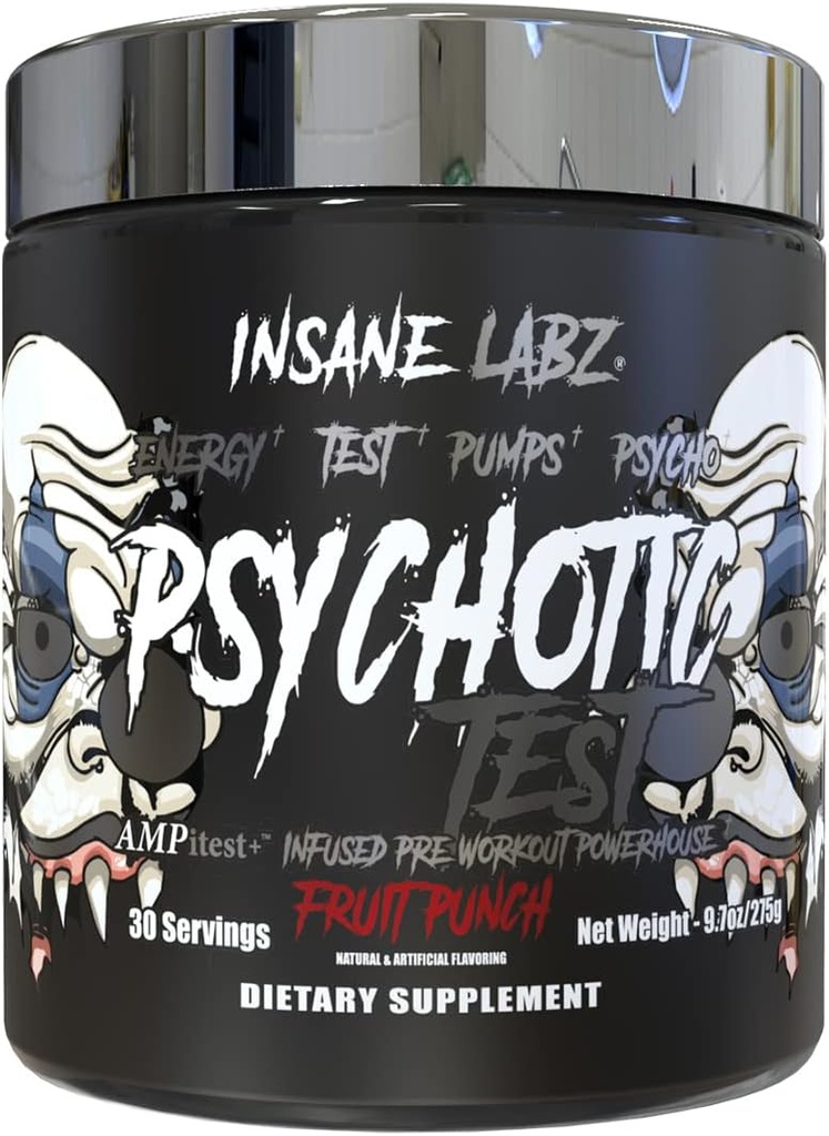 Insane Labz Psychotic Test, High Stim Testosterone Energy och Pump Boosting Pre-Workout Powder med DMAE Bitartrate, D Aspartic Acid, Creatine HCL och Glycerol Monostearate, 30 portioner, Fruit Punch