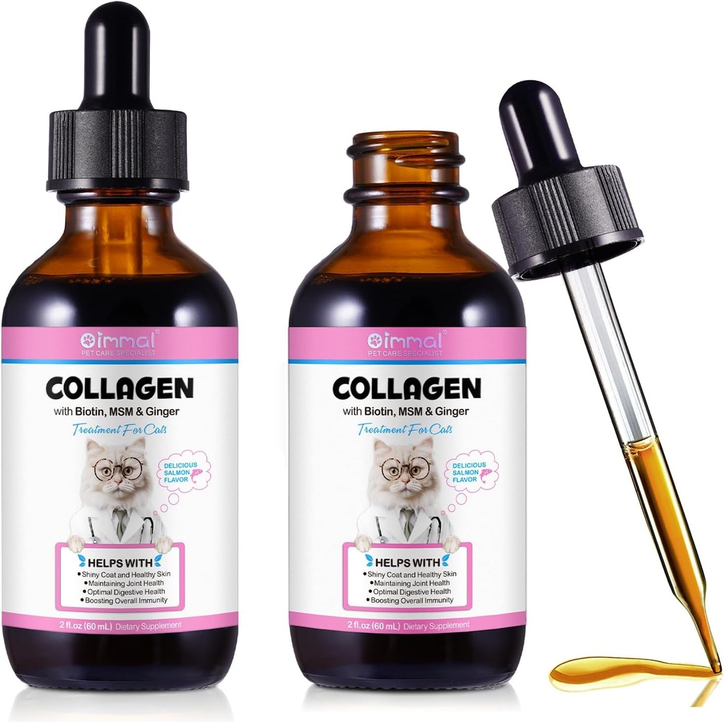 Kollagen för katter, Cat Collagen Liquid Drops med Biotin, MSM & Ginger Digestive & Immunity Support, Itch Relief, Skin & Coat och Joint Health, Cat Supplement 60ml -2pcs