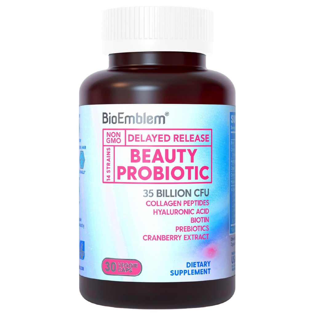 BioEmblem Skönhet Probiotika för kvinnor, 35 miljarder CFU 14 Stammar med Biotin, Collagen, Prebiotika för Digestive Health, Hair Skin och Nails, Vaginal Probiotics Supplement, Shelf Stable, 30 Caps