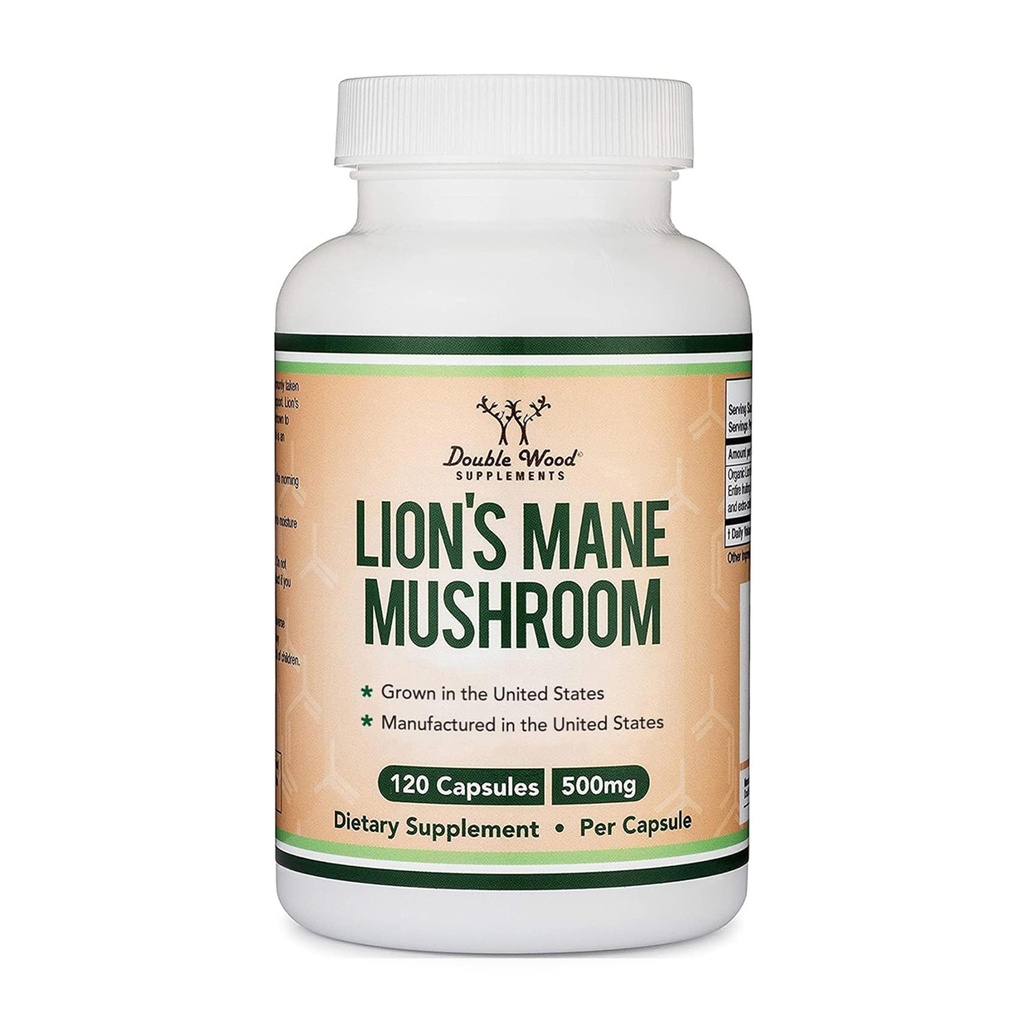 Organiska Lions Mane Mushroom Capsules (120 greve), för Fokusstöd och immunhälsa, Tredje part testad och odlad i USA - av Double Wood