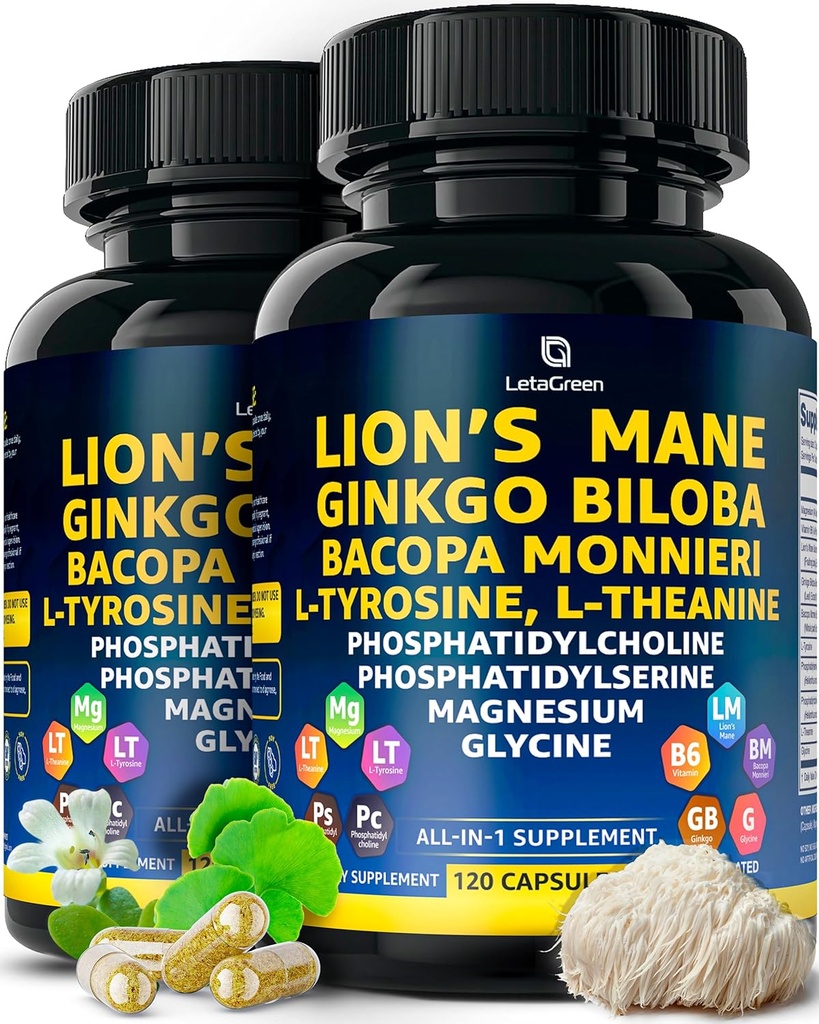 Organiska Lions Mane Supplement Capsules - 240 Real Mushrooms Lion's Mane Capsules med Ginkgo Biloba Herb, Bacopa Monnieri, L Theanine, L Tyrosine - Mushroom Complex för Daily Wellness