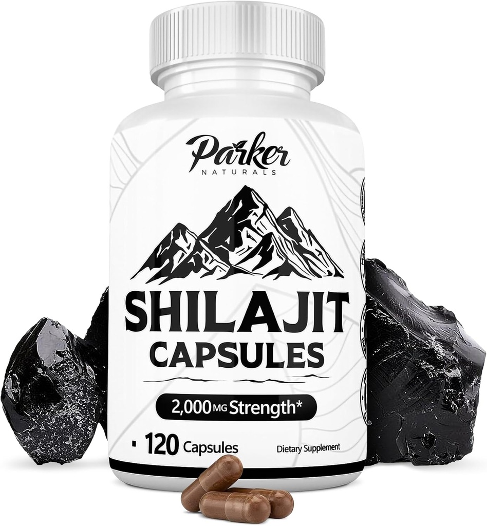 Parker Naturals Pure Himalayan Shilajit Capsules, 2000 mg Styrka Shilajit Resin och Fulvic Acid Supplement, Vegan och Gluten-Free Capsules, 120 Count