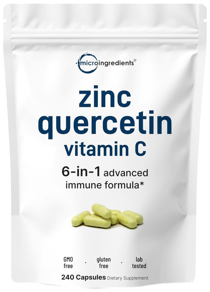 Micro Ingredients Quercetin med vitamin C och Zink, 240 kapslar | Quercetin 500mg, Vitamin C 500mg, Zink 50mg (Picolinate, Citrate, Glycinate, Gluconate) | Komplett Immun Support Supplements