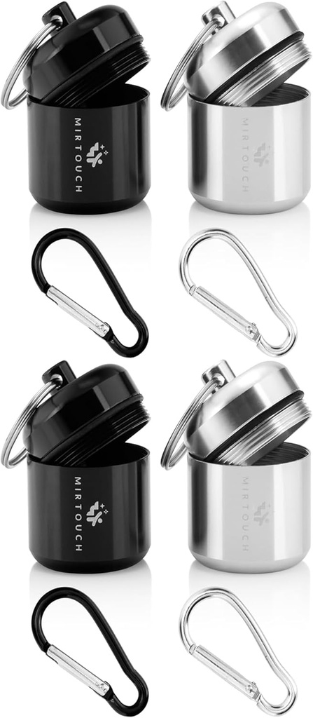 Portable Keychain Pill Holder Case - Discreet Waterproof Mini Pill Container Carrier med starka karabiner för Pocket Purse Travel Bags - Aluminium Alloy Pill Fob Box för medicin smycken - 4 Pack