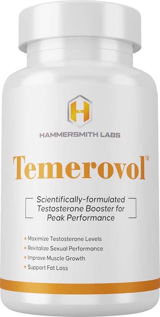 Temerovol - Manligt tillskott - Förbättrar energi, styrka och libido - Lean Muscle Builder, 60 kapslar - 1 flaska