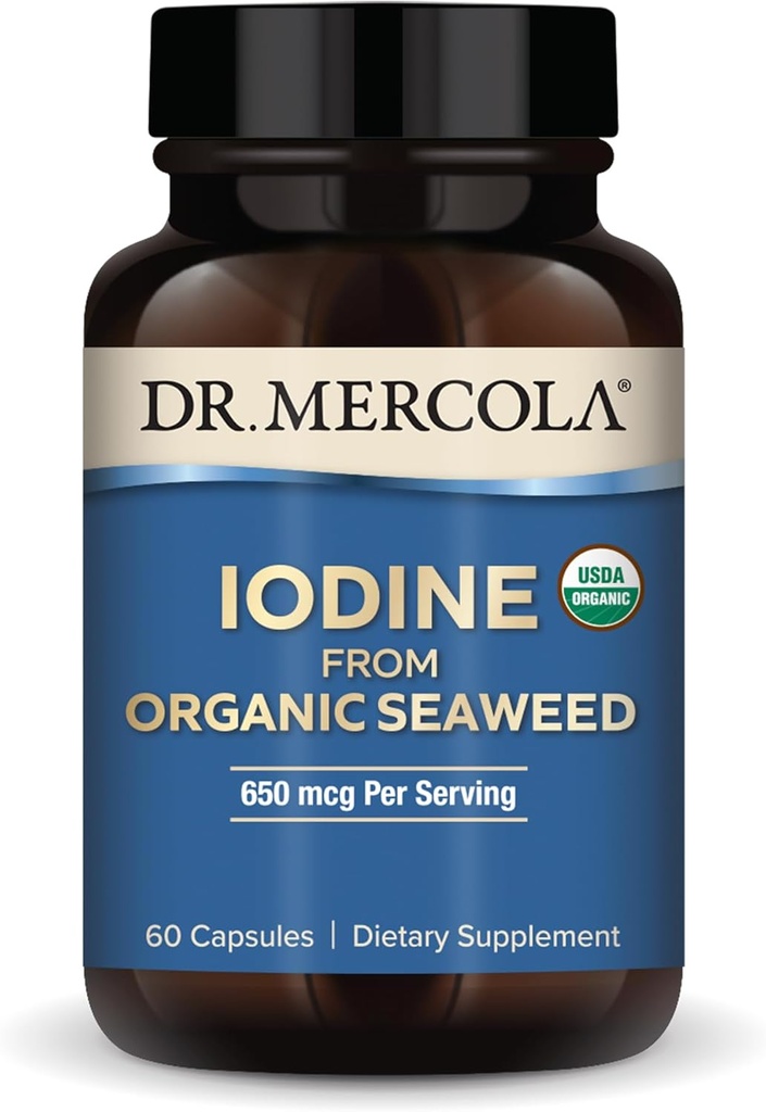 Dr Mercola jod från organisk tång, 650 mcg per portion, 30 portioner (60 kapslar), kosttillskott, sköldkörtel och energistöd, icke-GMO, USDA Organic
