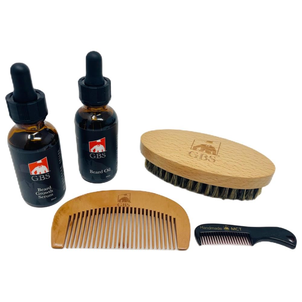 G.B.S All Natural Beard Grooming Set - Inkluderar Wooden Beard Comb, Travel Beard Brush och Mustache Comb - Perfekt för alla hårstrukturer