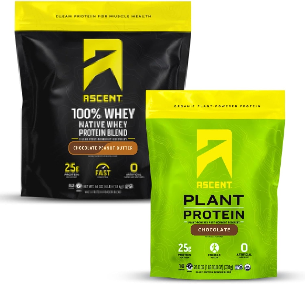 Ascent Whey + växtproteinpulver - Choklad jordnötssmör 4 lb & Choklad 18 portioner