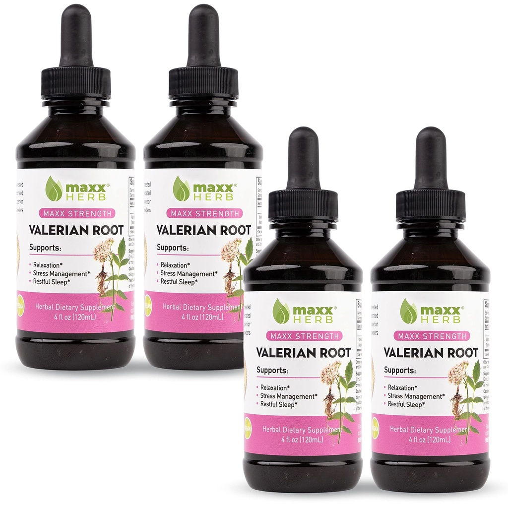 Maxx Herb Valerian Root Extract - Max Strength, Liquid Valerian Root Absorbs Bättre än kapslar, för avkoppling och lugn sömn, alkoholfri - 4 flaskor, 4 Oz Varje (240 portioner)