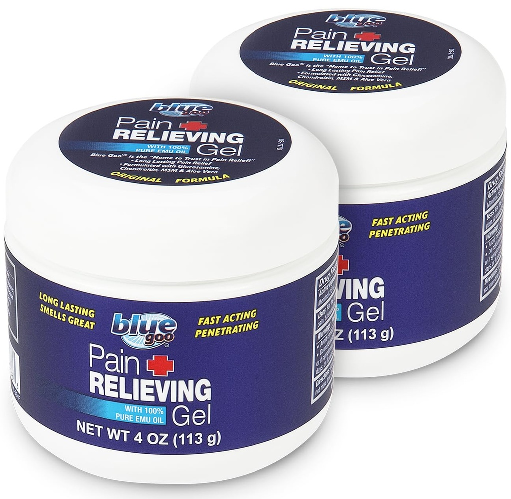 Blue Goo Pain Relieving Gel - för Back, Neck, Muscle och Joint Pain, snabbverkande kylning och lugnande lättnad med 100% Pure Emu Oil, 4 uns (2 Pack)