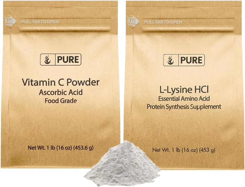 PURE ORIGINAL INGREDIENTS L-Lysine HCI och Vitamn C Powder Bundle, 1 lb Var och en, icke-GMO, Gluten Free, Kosttillskott