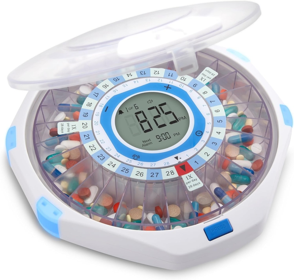 LiveFine WiFi Automatic Pill Dispenser och Remote Medication Monitoring System med Locking Key, 28-dagars Medicinering Organizer Upp till 9 Doses Per, Justerbart Ljus / Sound Alarms För Prescriptioner & Vitami