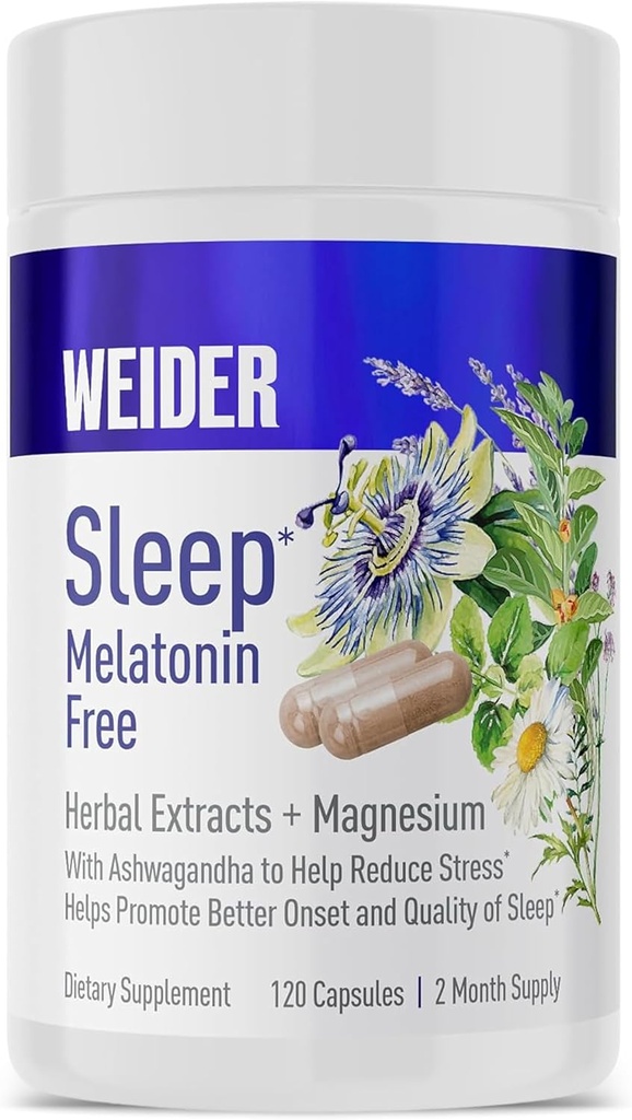 Weider Melatonin Free Sleep Aid Supplement med KSM-66 Ashwagandha, Magnesium, Lavender, Lemon Balm, Chamomile, Valerian och Passionflower Extracts, Hormone & Drug- Free, Non-Habit Forming, 120ct
