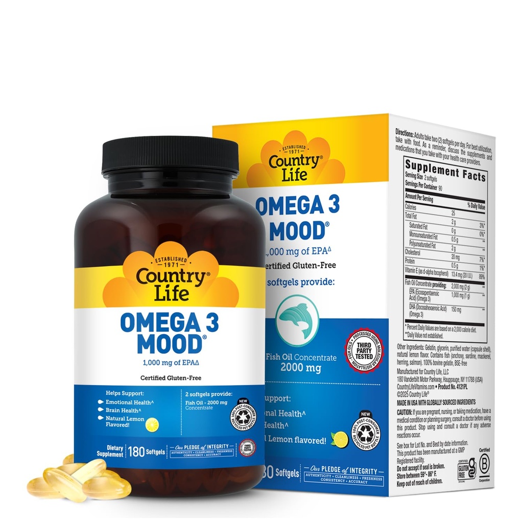 Country Life Omega 3 Fish Oil Supplement - Hög koncentration EPA och DHA Omega 3 fettsyror - 2000mg fiskolja för känslomässig hälsa, humörstöd och ingen fisk smak - naturlig citron smak