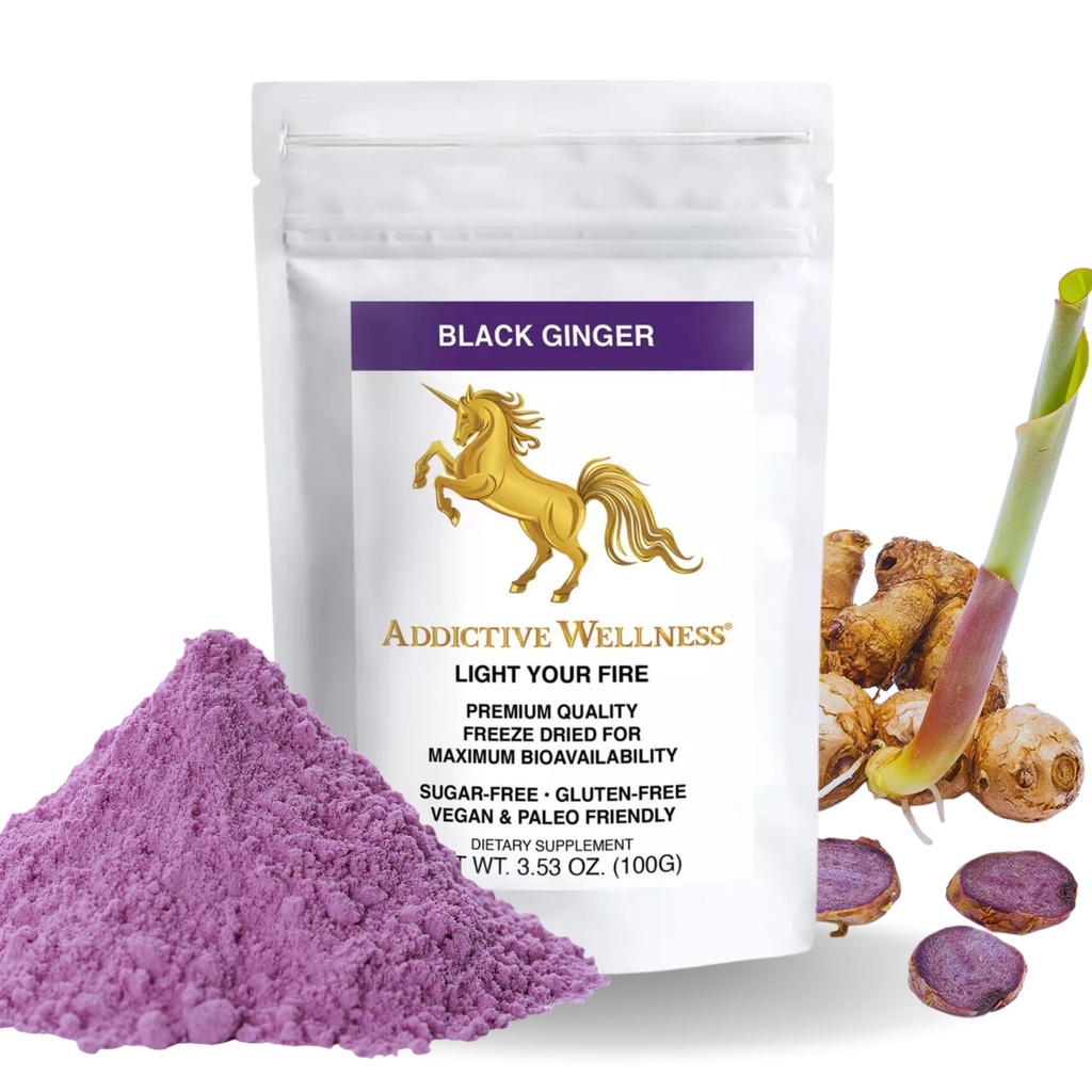Addictive Wellness Thai Black Ginger för män, Thai Black Ginger Supplement för att stödja energimetabolism, uthållighet och prestanda, frysa svart ingefära pulver, 100 gram, Vegan & Paleo