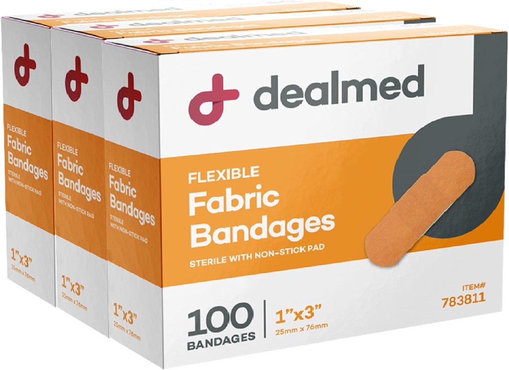 Dealmed Sterile Flexible Fabric Adhesive Bandages - 1x3 Inch - 100/Box - 3 Boxar - Breathable First Aid Strip Pack - Soft Stretch Wound Patch for Medical, Emergency Kits & Clinic