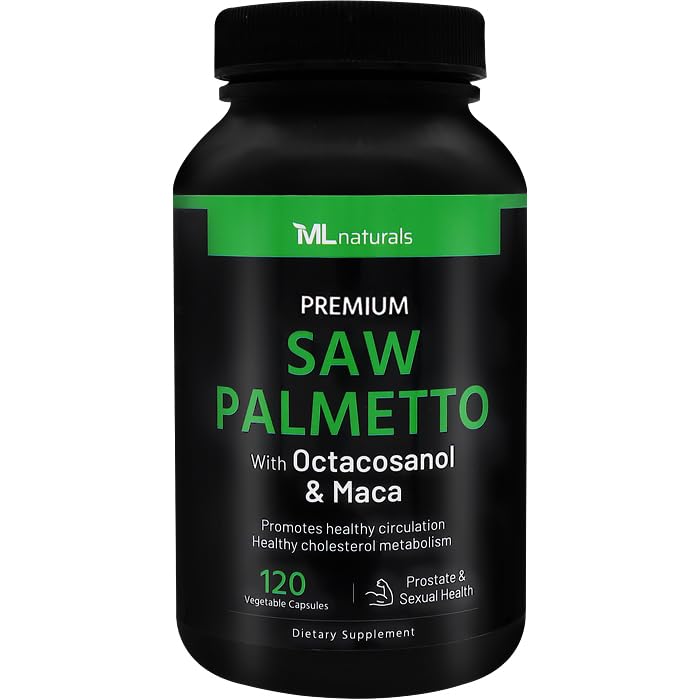 ML Naturals Saw Palmetto 1000 mg 120 Vegan kapslar. 3 i 1. Premium kvalitet med Octacosanol & Maca. Prostata, urinhälsa, cirkulationshälsa, naturlig energigivare, NSF-certifierad och cGMP-kompatibel