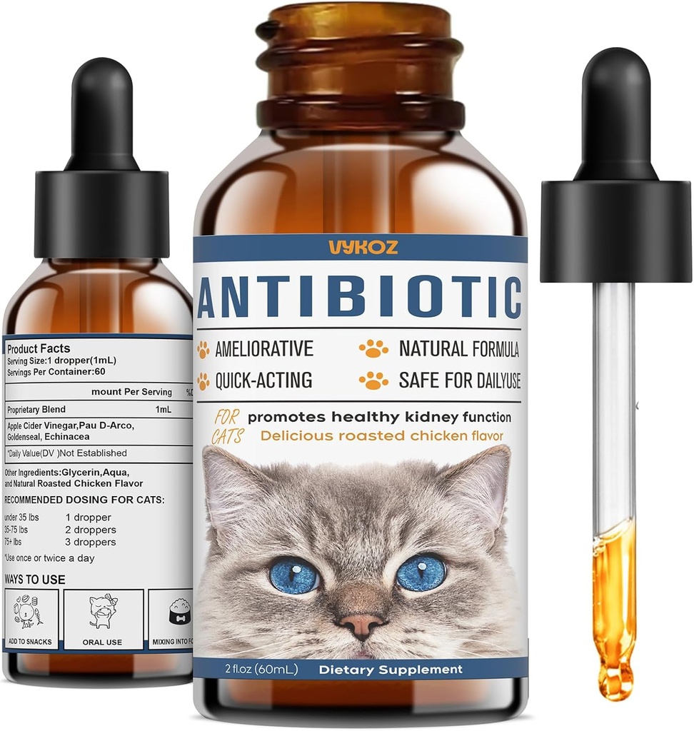 Antibiotika för katter - Natural Cat Antibiotics for Allergy Itch Relief, Immune Boosting - Antibiotika för immunförstärkning, urinvägsinfektioner - kompletterande vitaminer för katt och hund, 2 fl oz