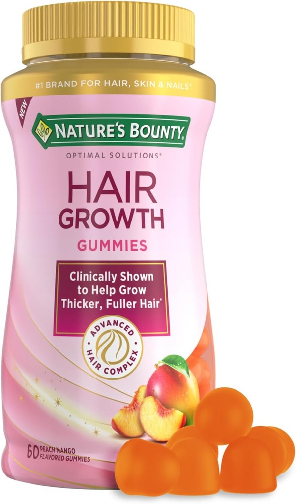 Nature’s Bounty Hair Growth Gummies for Supporting Thicker, Fuller Hair with Biotin, Silicon & Arginine, Peach Mango Flavor – Gluten Free, Contains No Lactose, Sodium or Fish, 60 Count/30 Servings