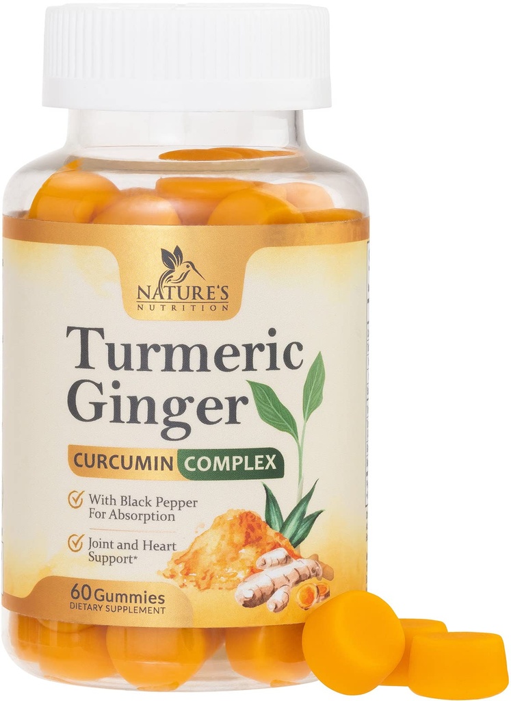 Gummies Curcumin Supplement - 95% Curcuminoids med gurkmeja & Ginger, svartpeppar för bästa absorption, naturens Vegan Joint Support, icke-GMO, Gluten Free, Tasty Peach smak - 60 Gummies