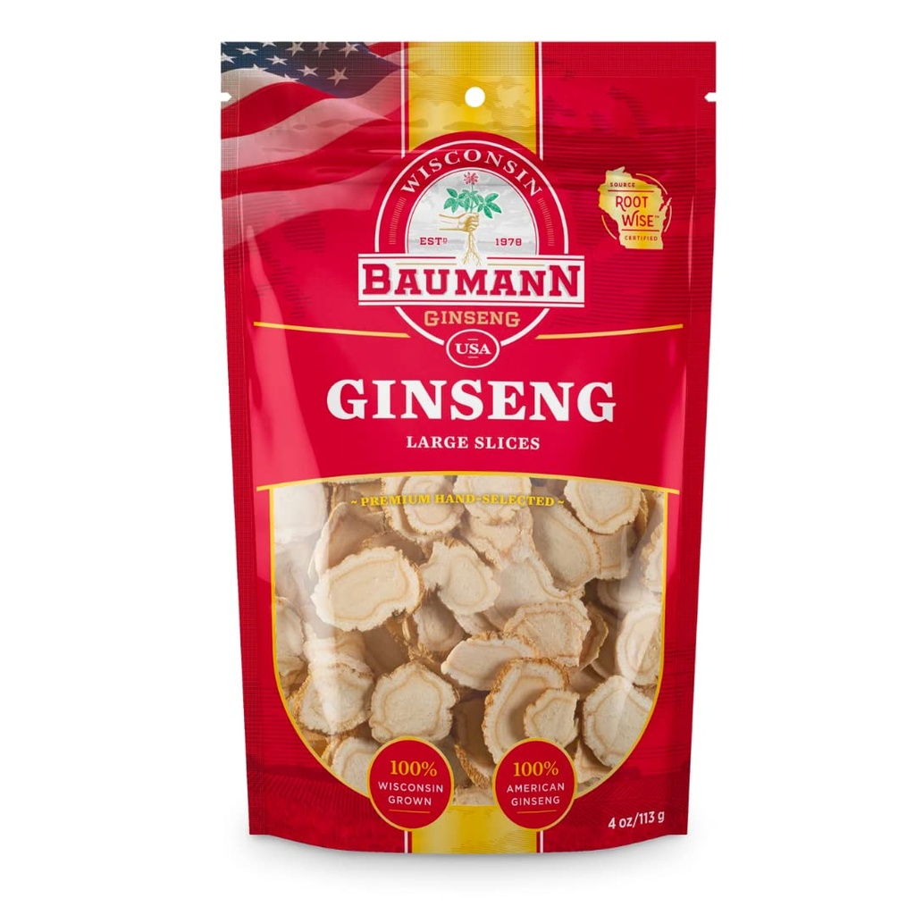Baumann Wisconsin Ginseng - Large Slices 4 oz - 100% Natural Panax Ginseng Herb, Pure Dried American Ginseng för immunstöd, förbättrad fokus och energi