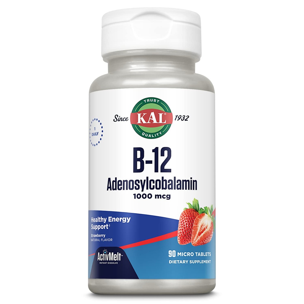 KAL Vitamin B12 Adenosylkobalamin 1000 mcg - B 12 Vitamin, Aktiv B-12 1000mcg för kvinnor och män, energistöd - jordgubbsmak - 90 ActiveMelt Micro tabletter