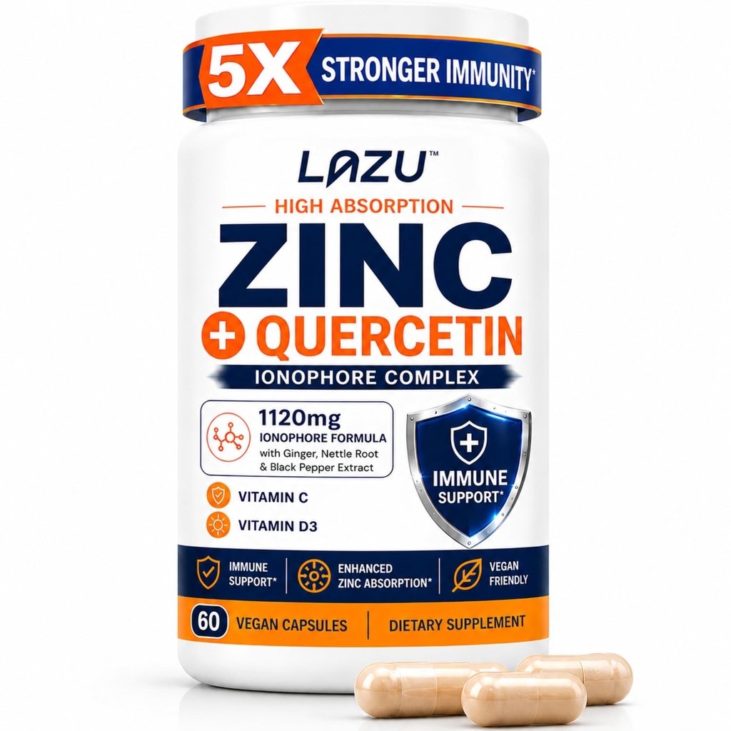 Lazu Virocin - Zink Supplement - Zink Ionophore | Zink, Vitamin C, Vitamin D3 | Förbättrad immunstöd och snabb absorption | 60 kapslar
