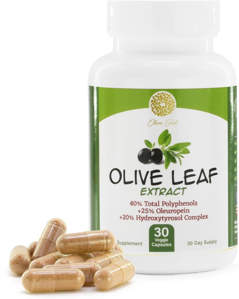 Olivbladextrakt - 500mg - Tillägg Standardiserat till 25% Oleuropein - 20% Hydroxytyrosol - 40% polyfenoler - Icke-GMO + Gluten Free + Dairy Free + Soy Free + Vegan (30 kapslar)