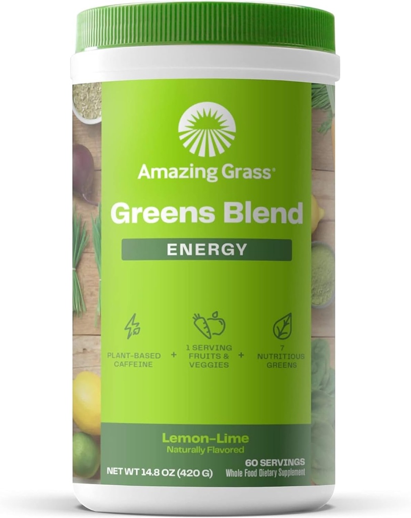 Amazing Grass Greens Blend Energy: Smoothie Mix, Super Greens Powder & Plant Based Caffeine med Matcha Green Tea & Beet Root Powder, Lemon Lime, 60 portioner (Packaging May Vary)