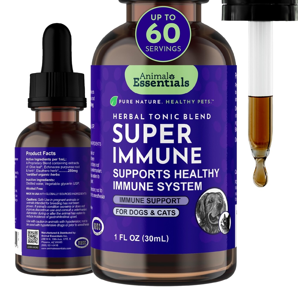 Animal Essentials Super Immune för hundar och katter - Immun System Support Supplement, Echinacea, Eleuthero, Olive Leaf Extract, Liquid Drops - 1 Fl Oz