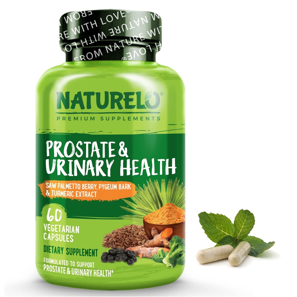 NATURELO Prostate & Urinary Health, omfattande formel med Saw Palmetto, Pygeum, Tumeric, Plant Sterols, Broccoli och Lycopene, 60 vegetariska kapslar
