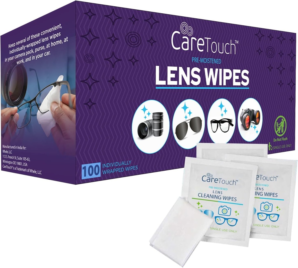 Care Touch Lens Wipes för glasögon - 100 greve Individuellt inslagna pre-fuktad torkar, 5 x 6 tum-kameralinser, solglasögon och glas renare, - Gentle och portabel för rengöring av optiska enheter