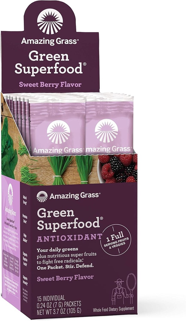 Fantastisk Grass Green Superfood Antioxidant: Super Greens Powder med Spirulina, Elderberry & Probiotika, Sweet Berry, 15 portioner