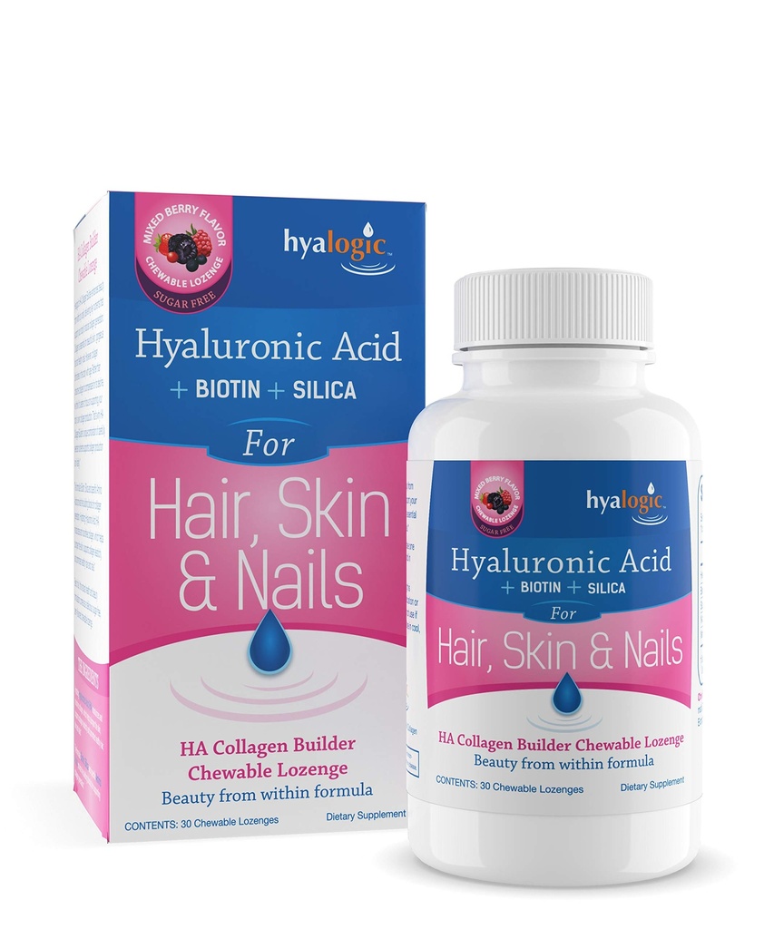 Hyalogic Hair Skin & Nails Hyaluronic Acid Collagen Builder - Delicious Berry Flavored Collagen Boost Chewable Lozenges - Sugar Free Vegan Collagen Ideal to Enhance Your Natural Beauty - 30 Count