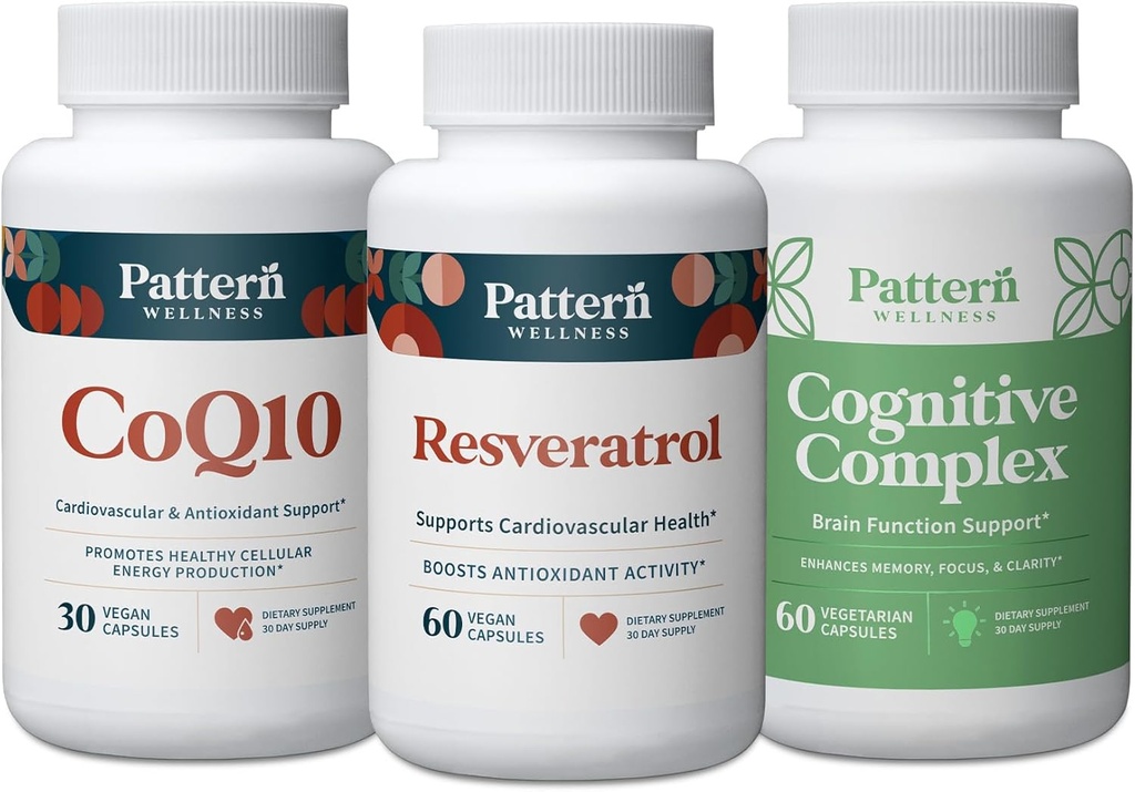 Pattern Wellness Healthy Aging Bundle - CoQ10, Resveratrol, kognitivt komplex - främjar tidlös hälsa och välbefinnande - 3 Pack, helt naturligt, veganskt formler