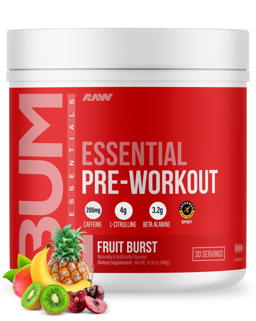 RAW Essential Pre-Workout Powder (Fruit Burst) - Chris Bumstead Sports Nutrition Supplement for Men & Women - Preworkout Energy Powder with Caffeine, L-Citrulline, L-Tyrosine, & Beta Alanine Blend