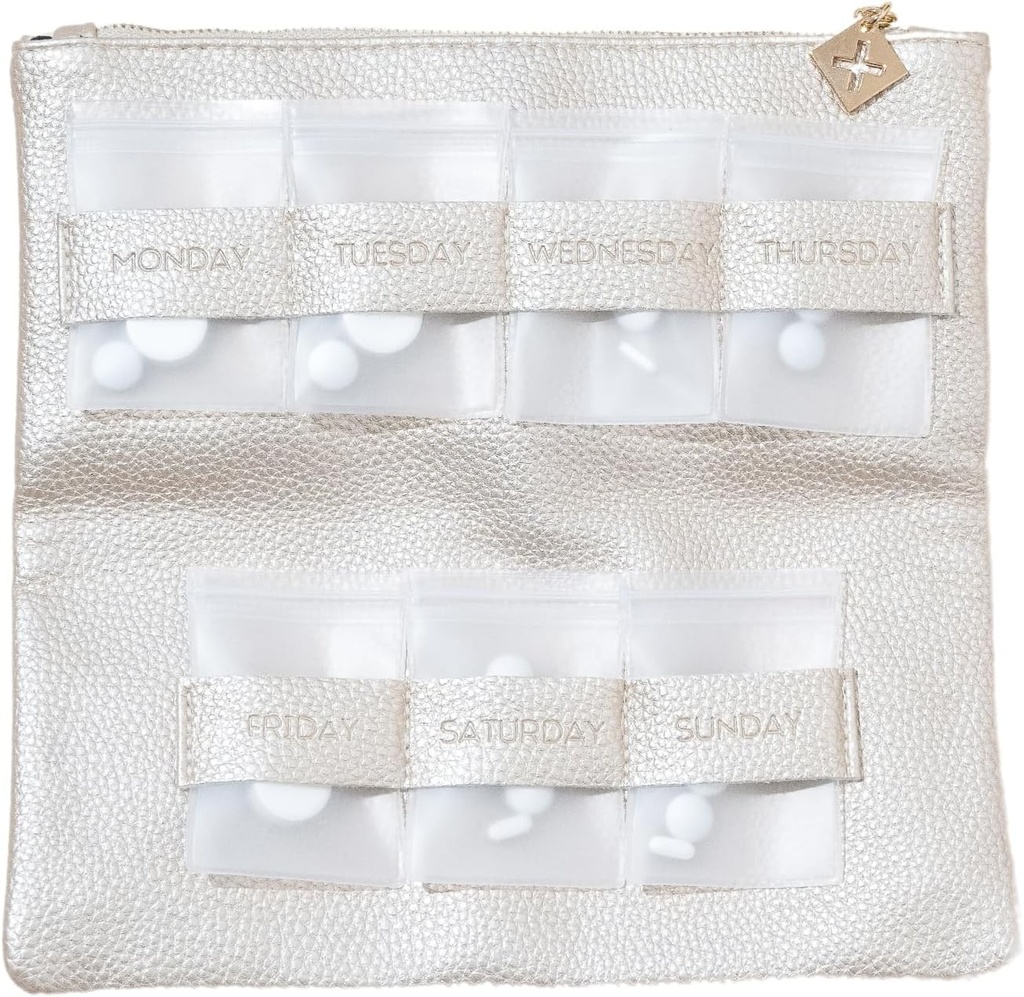 Dosey Gold Era 7-dagars Pill Purse - Vegan Leather Daily Pill Organizer - Luxury Travel Pouch, Airtight Pill Pockets for Medicine Storage & Protection - Stylish Pill Sorter & Medication Organizer - Gold