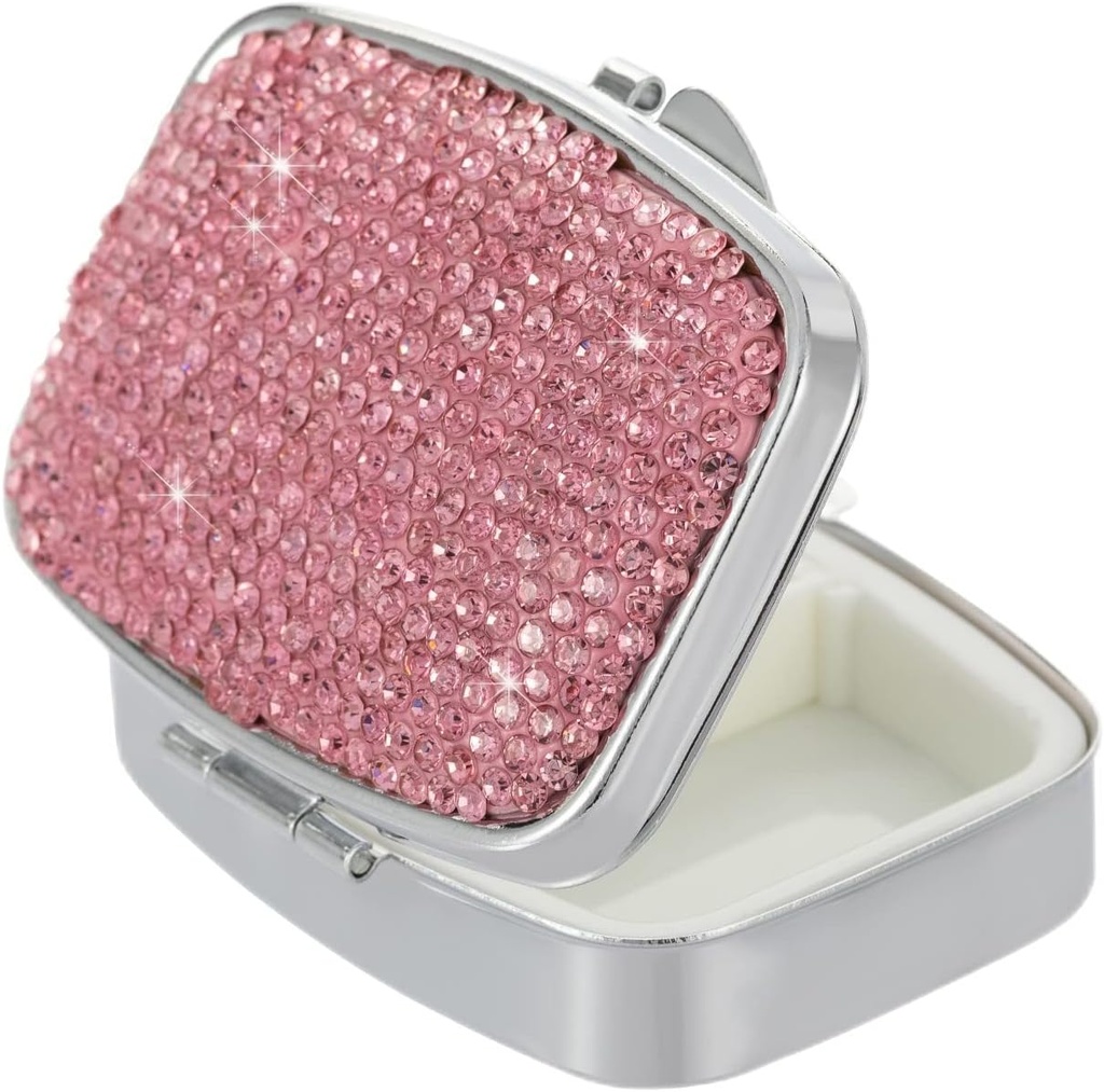 Pill Organizer Travel, Square Small Metal Pill Box Case,Compact Medicine Vitamin Container,Portable Pill Holder Bottle för kvinnor (rosa)