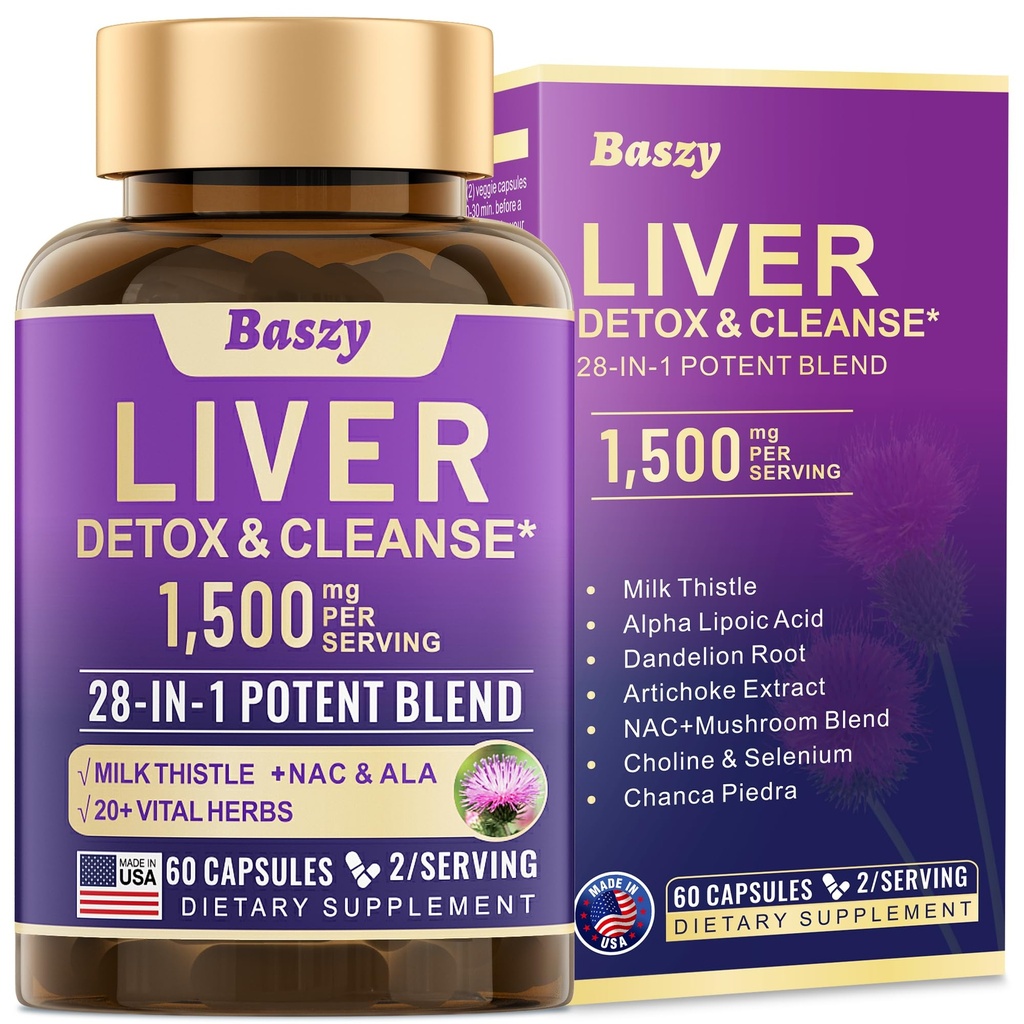 28-i-1 Liver Cleanse Detox & Repair - 1500mg Liver Health Support med mjölk Thistle, Dandelion Root, Artichoke Extract och 20 + Herbal Liver Support Supplements - Tillverkad i USA - 60 kapslar