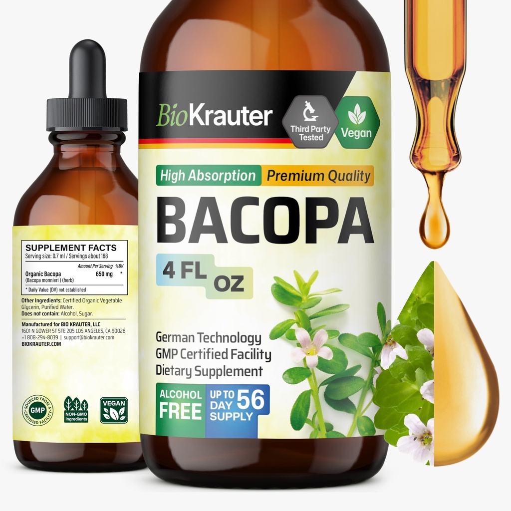 BIO KRAUTER® Bacopa Monnieri for Brain Support - Liquid Drops Bacopa Extract (Brahmi Powder) 650 mg per Serving 4 Fl.Oz - Vegan Brain Supplement, Supports Calm, Focus & Clarity - Alcohol & Sugar Free