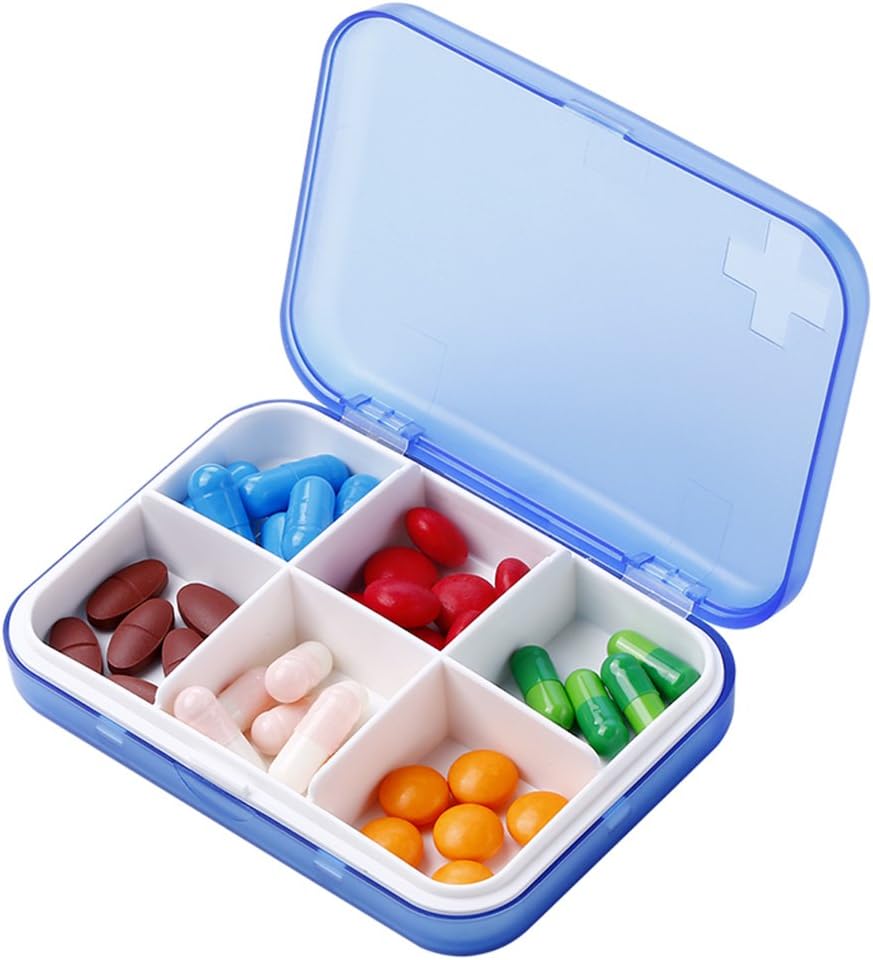 Portable Pill Organizer - Slim Pill Box för Purse eller Travel, Compact Pill Case (6 Compartment, Blue)