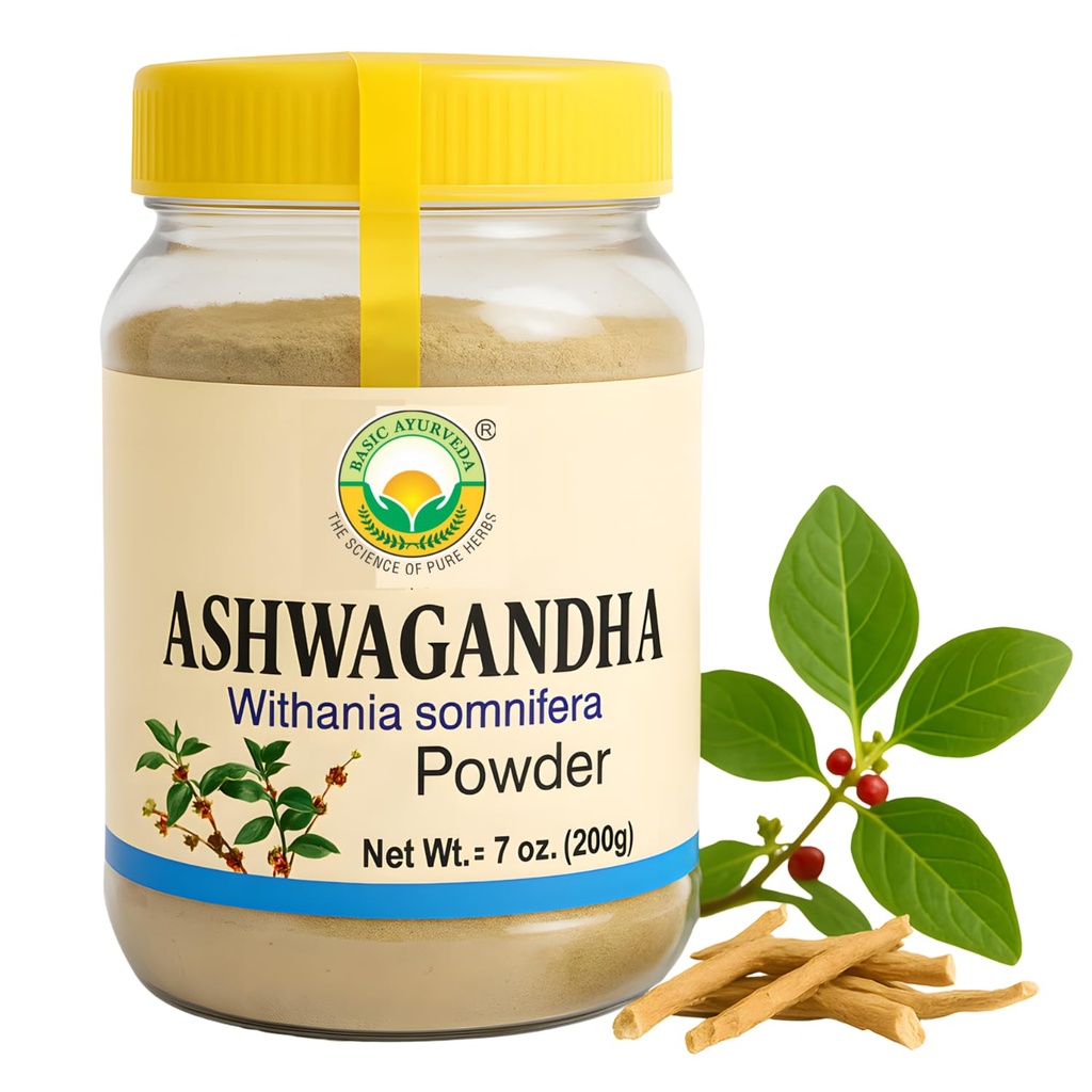 BASIC AYURVEDA Ashwagandha Root Powder | Withania Somnifera Herbal Powder för Smoothies, Tonics & Recept | Natural Ayurvedic Ingredient | Inga fillers, Inga tillsatser | 7,05 Oz (200g)