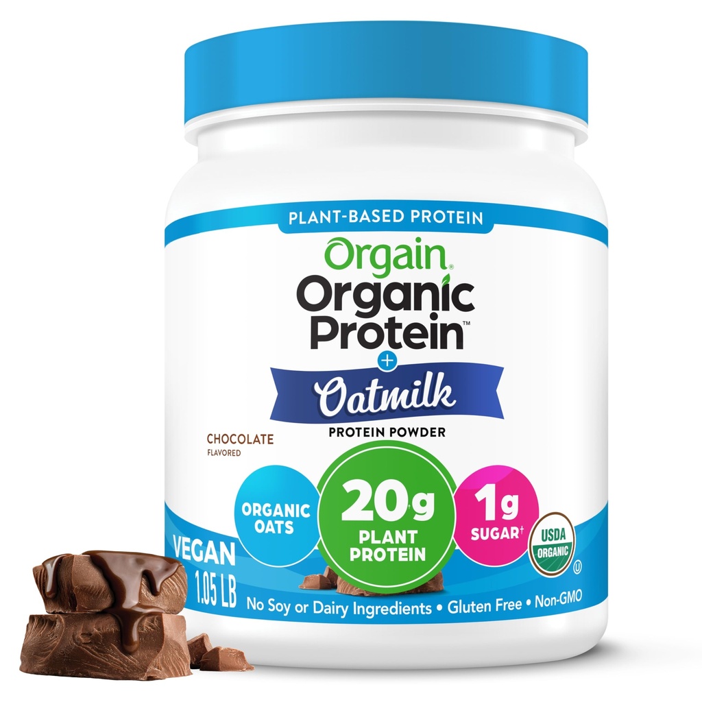 Orgain Organic Vegan Protein Powder + Oat Milk, Chocolate - 20g Plant Based Protein, Gluten Free, No Dairy, Soy eller Lactose Ingredients, Low Sugar, Non-GMO, Kosher, För Shakes & Smoothies - 1.05lb