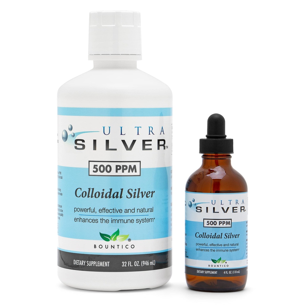 Ultra Silver® Colloidal Silver | 500 PPM, 32 Oz (946mL) | Mineral Supplement | True Colloidal Silver - 4 oz Dropper Bottle (Empty) Ingår för Dispensing!