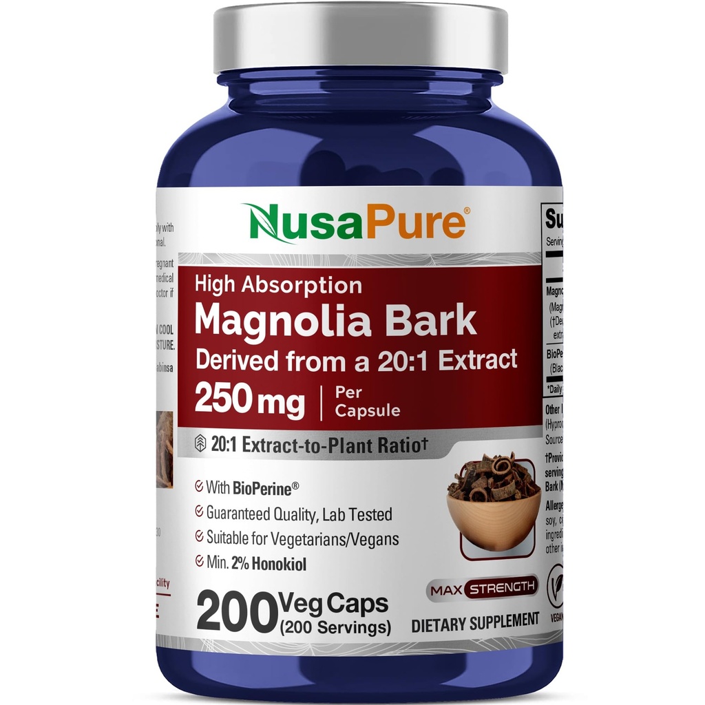 NusaPure Magnolia Bark 20:1 Extrakt, 250 mg Equivalent till 5 000 mg 200 Vegan Vegetariska kapslar Non-GMO