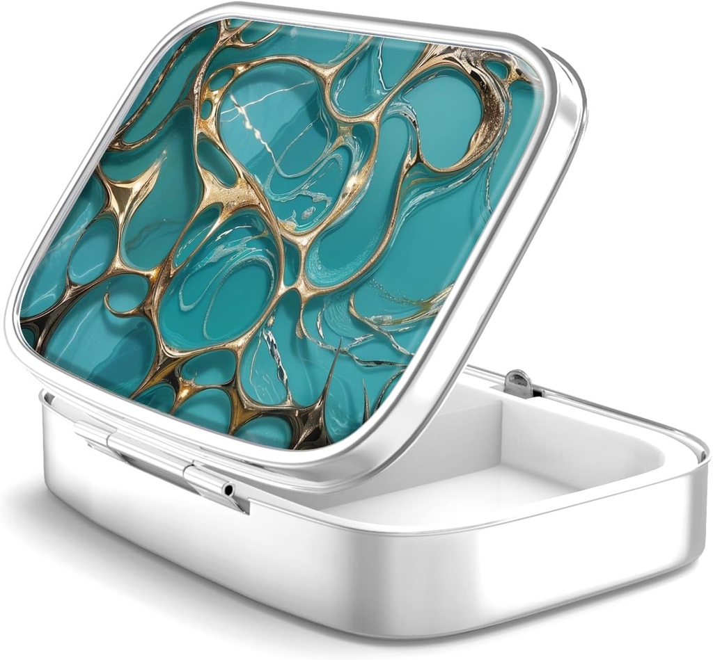 Pill Box 2 Compartment Small Pill Case,Portable for Pocket or Purse Pill Organizer Pill Container Holder to Hold Vitamins, Medication, Fish Oil and Supplements (Turquoise Green Marble)