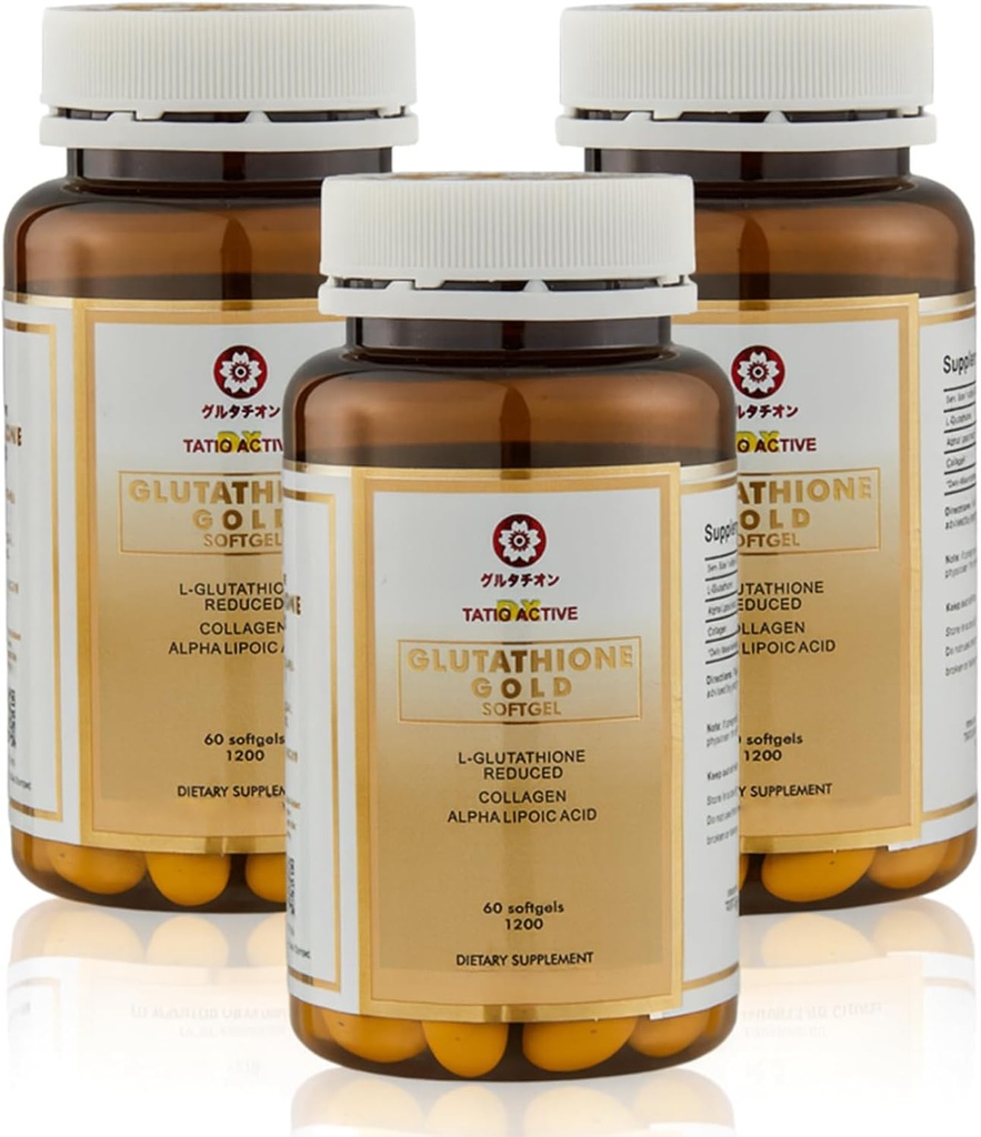 Tillverkad i Japan Advanced Gold Glutathione Capsules med Collagen, Vitamin C och Antioxidants Supplement för Radiant, Youthful-Looking Skin, Collagen Production & Even Skin Tone - 3 flaskor