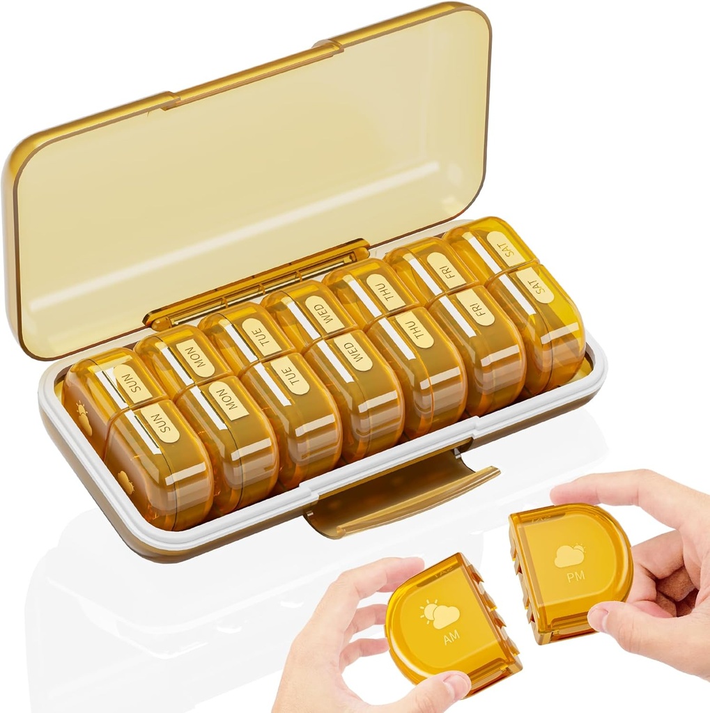 Weekly Pill Organizer 2 gånger om dagen, Large 7 Day Am Pm Pill Box - Acedada Twice Daily Pill Case med Avtagbar Day Night Design, Medicin Container Holder för vitamin, fiskoljor, tillägg, Amber