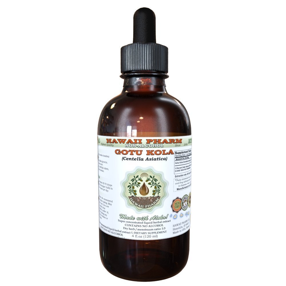 Gotu Kola Alcohol-Free Liquid Extract, Organic Gotu Kola (Centella Asiatica) Torkade Leaf Glycerite Hawaii Pharm Natural Herbal Supplement 2 oz